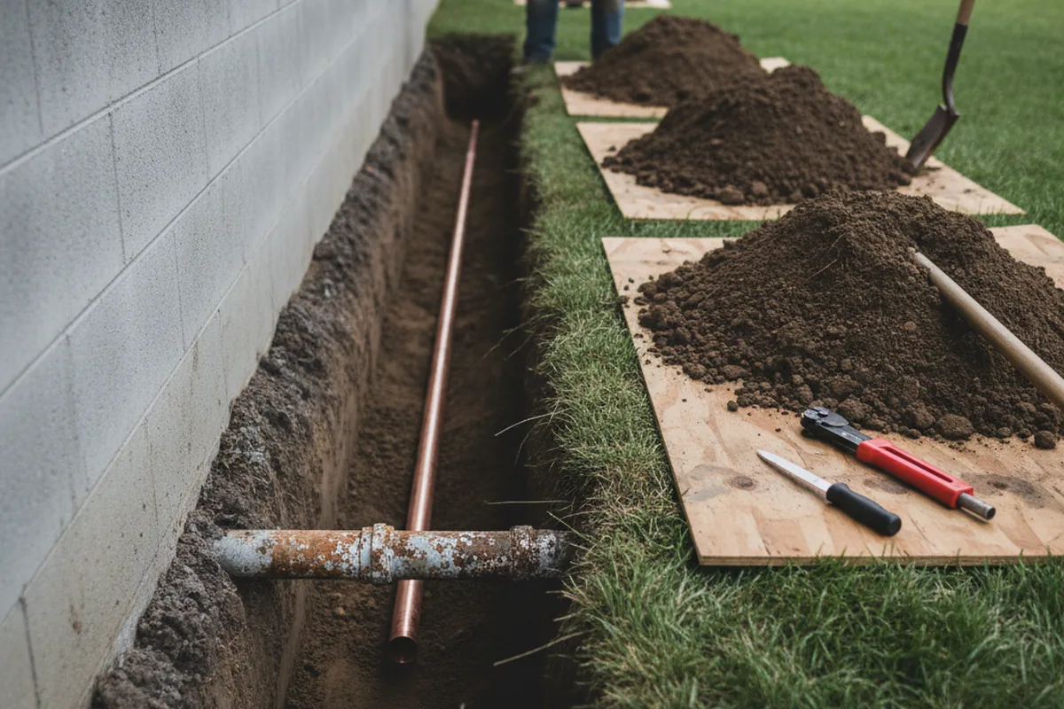 Excavated water line trench during Water Heater Repair in Richmond
